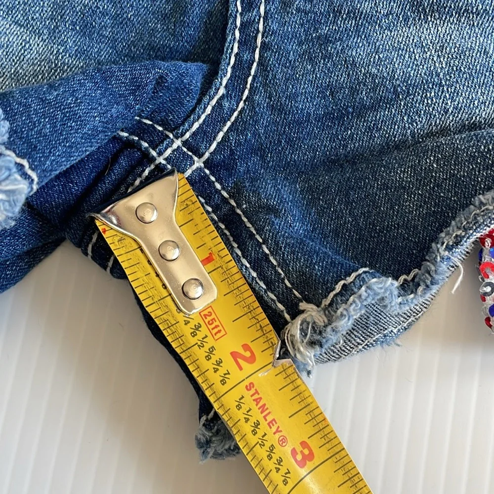 Justice denim jean shorts with red, blue & silver sequins. Girls size 10